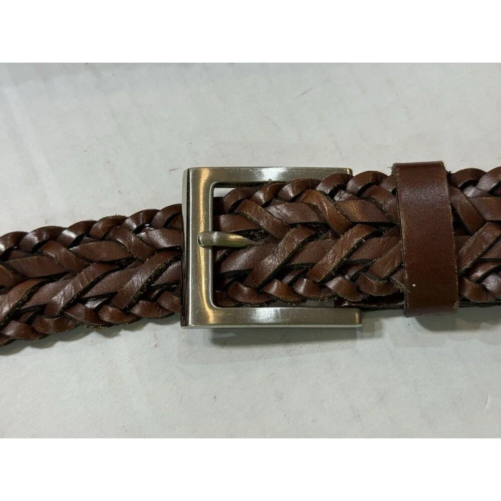 Braided Woven Leather Belt Nickel Tone‎ Brown Buckle Size L